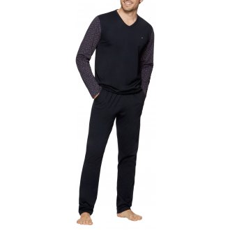 Pyjama long Eden Park en coton à tee-shirt bicolore à coupe droite, col V et pantalon droit taille élastiquée