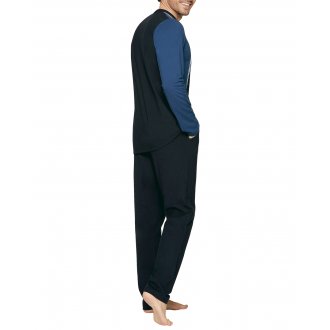 Pyjama long Eden Park en coton à tee-shirt bicolore à coupe droite, col V et taille élastiquée à imprimé logo