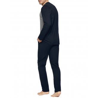Pyjama long Eden Park en coton à tee-shirt bicolore à coupe droite, col V et taille élastiquée à imprimé logo