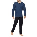 Pyjama long Eden Park en coton noir et bleu denim uni à coupe droite, col V et taille élastiquée