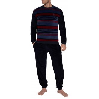 Pyjama long Mariner en coton avec manches longues et col rond bleu marine à rayures