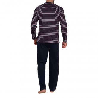 Pyjama long Mariner en coton biologique avec manches longues et col V marine rayé