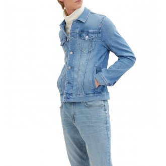 Veste en jean Tom Tailor en coton avec manches longues et col italien stone