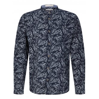 Chemise Tom Tailor lin et en coton avec manches longues et col mao bleu marine imprimé feuille