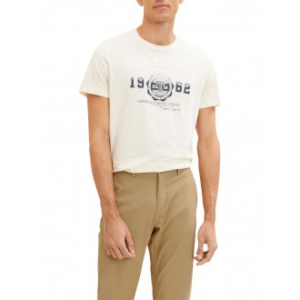 T-shirt Tom Tailor beige à large logo imprimé poitrine, à col rond et manches courtes