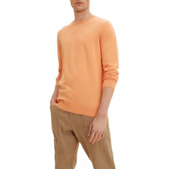 Pull Tom Tailor en coton orange uni à coupe droite et col rond, logo brodé poitrine