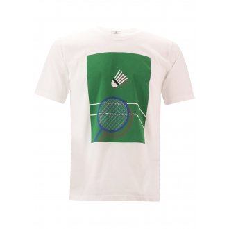 T-shirt col rond Serge Blanco Play en coton avec manches courtes blanc imprimé badminton