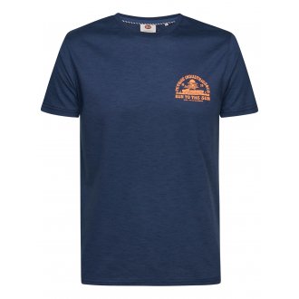 T-shirt Petrol Industries bleu marine chiné à imprimé orange au dos, à col rond et manches courtes
