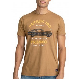 T-shirt Petrol Industries beige satiné à imprimé course automobile, à col rond et manches courtes