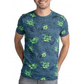 T-shirt Petrol Industries bleu marine à imprimé floral vert et fluo à col rond