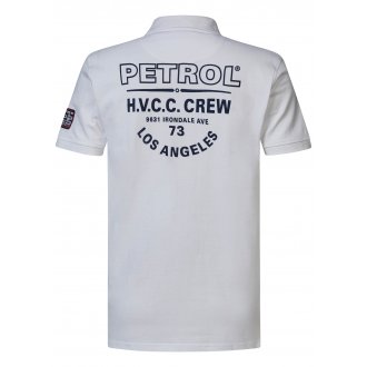 Polo Petrol Industries en coton blanc uni à col 2 boutons, blasons brodés et manches courtes