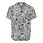 Chemise droite Blend en coton bleu à motif tropical, col cubain et manches courtes