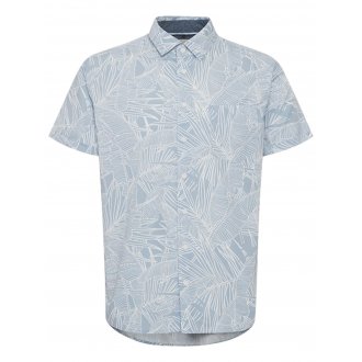 Chemise droite Blend en coton ciel à motif tropical, col français et manches courtes
