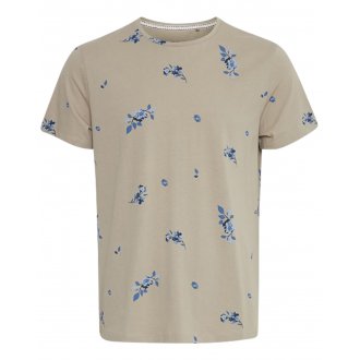 T-shirt Blend en coton beige à motif fleuri bleu vif, à coupe droite et col rond