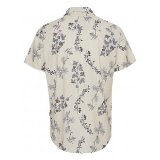 Chemise droite Blend en coton écru à fleurs bleues, col cubain et manches courtes
