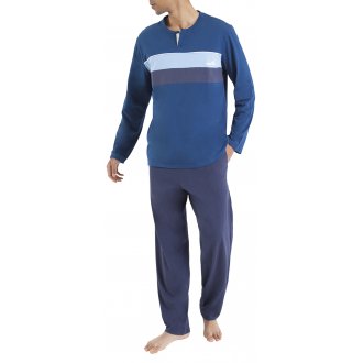 Pyjama Long avec manches longues et col rond fendu Athena coton bleu