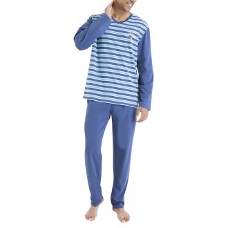 Pyjama Long avec manches longues et col v arrondi Athena coton bleu rayé