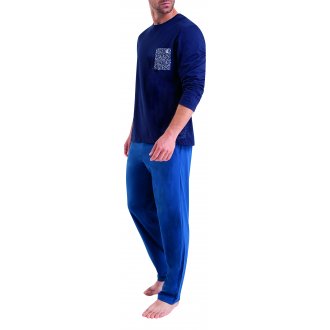 Pyjama long Eminence en coton biologique avec manches longues et col rond bleu bicolore