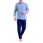 Pyjama long Eminence en coton biologique avec manches longues et col tunisien bleu marine rayé