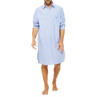 Chemise de nuit Arthur en coton avec manches longues et col italien bleu ciel à rayures