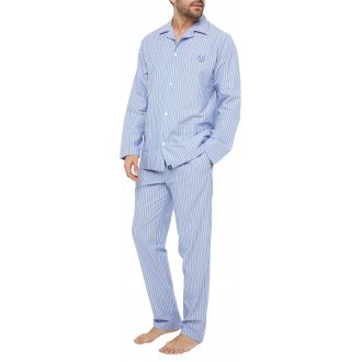 Pyjama long Arthur en coton avec manches longues et col cranté bleu ciel à rayures