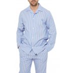 Pyjama long Arthur en coton avec manches longues et col cranté bleu ciel à rayures