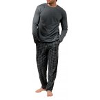 Pyjama long Arthur en coton avec manches longues et col rond gris à carreaux