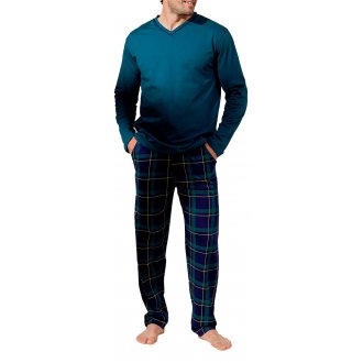 Pyjama long Arthur en coton avec manches longues et col v vert sapin à carreaux