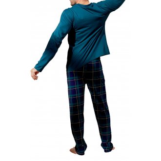 Pyjama long Arthur en coton avec manches longues et col v vert sapin à carreaux