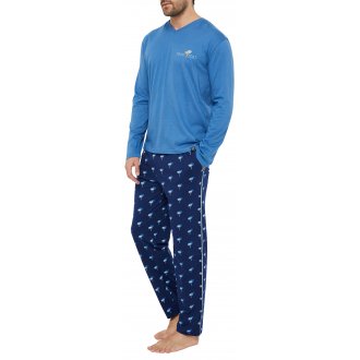 Pyjama long Arthur en coton : tee-shirt bleu à col v et pantalon bleu marine imprimé palmiers