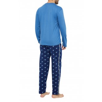 Pyjama long Arthur en coton : tee-shirt bleu à col v et pantalon bleu marine imprimé palmiers