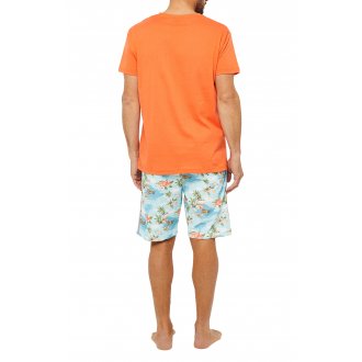 Pyjama court Arthur en coton : tee-shirt orange à col v et short bleu imprimé exotique