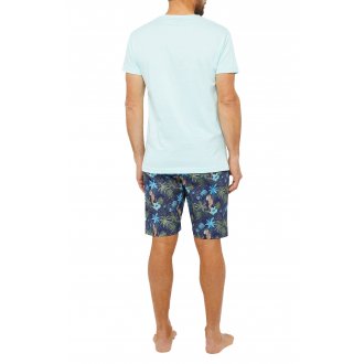 Pyjama court Arthur en coton : tee-shirt bleu ciel à col v et short marine imprimé fleurs tropicales et gorilles