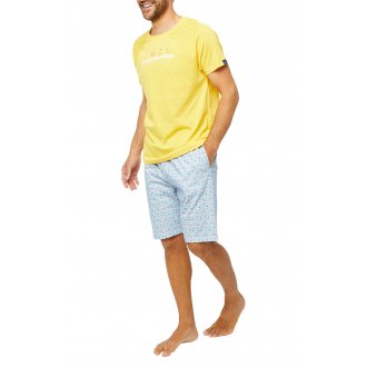Pyjama court Arthur en coton : tee-shirt jaune à col rond et short bleu imprimé athlètes