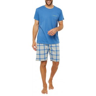 Pyjama court Arthur en coton : tee-shirt bleu à col rond et short gris à carreaux