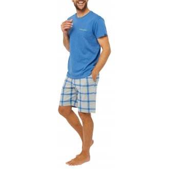 Pyjama court Arthur en coton : tee-shirt bleu à col rond et short gris à carreaux