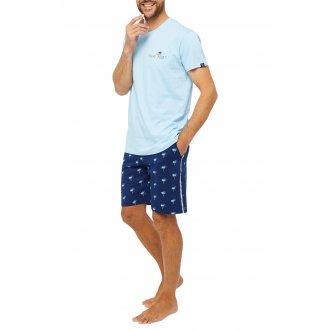 Pyjama court Arthur en coton : tee-shirt bleu à col rond et short marine imprimé palmiers