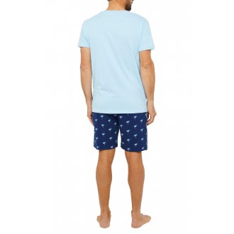Pyjama court Arthur en coton : tee-shirt bleu à col rond et short marine imprimé palmiers