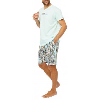 Pyjama court Arthur en coton : tee-shirt bleu ciel à col v et short imprimé voitures