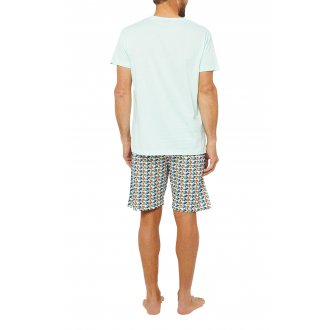 Pyjama court Arthur en coton : tee-shirt bleu ciel à col v et short imprimé voitures