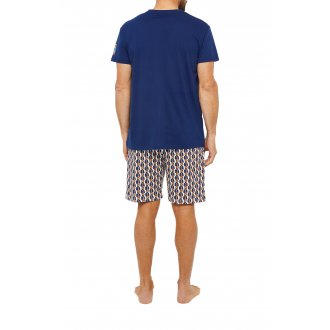 Pyjama court Arthur en coton : tee-shirt marine à col v et short blanc imprimé oursons
