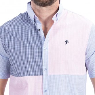 Chemise droite Ruckfield en coton avec manches courtes et col américain bleu ciel à carreaux