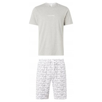 Pyjama court Calvin Klein : tee-shirt manches courtes à col rond gris chiné et short blanc logotypé