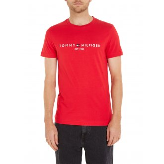 T-shirt Tommy Hilfiger en coton rouge uni à col rond, manches courtes et logo brodé poitrine