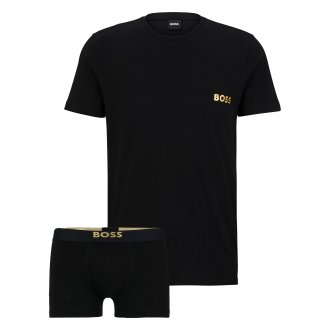 T-shirt + Boxer Boss en coton avec manches courtes et col rond noir, Coffret