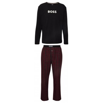 Pyjama long Boss en coton avec manches longues et col rond noir à carreaux