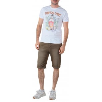 T-shirt col rond Deeluxe en coton avec manches courtes blanc imprimé tropical spirit