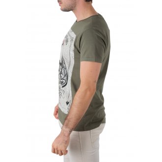 T-shirt col rond Deeluxe en coton avec manches courtes vert kaki imprimé