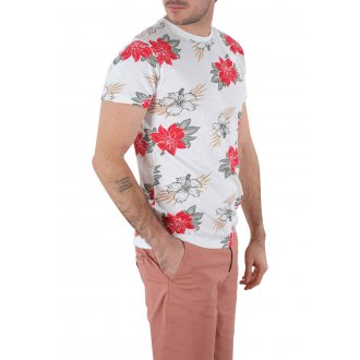 T-shirt col rond Deeluxe en coton avec manches courtes écru fleuri