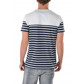 T-shirt col rond Deeluxe en coton avec manches courtes bleu marine rayé